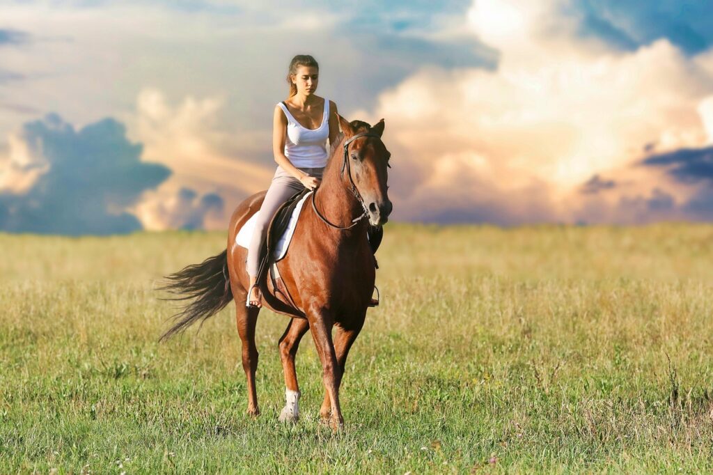 Frau beim Reiten auf offenem Feld Welcher Reithelm ist der beste für einen schmalen Kopf