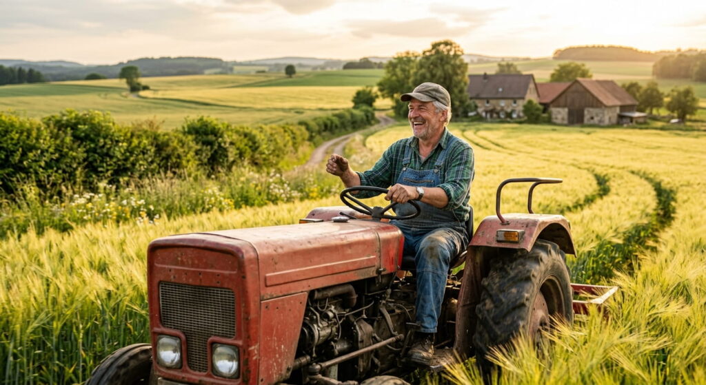 Glücklicher Landwirt fährt auf seinem Traktor vielfaltschmeckt.de Sidebar