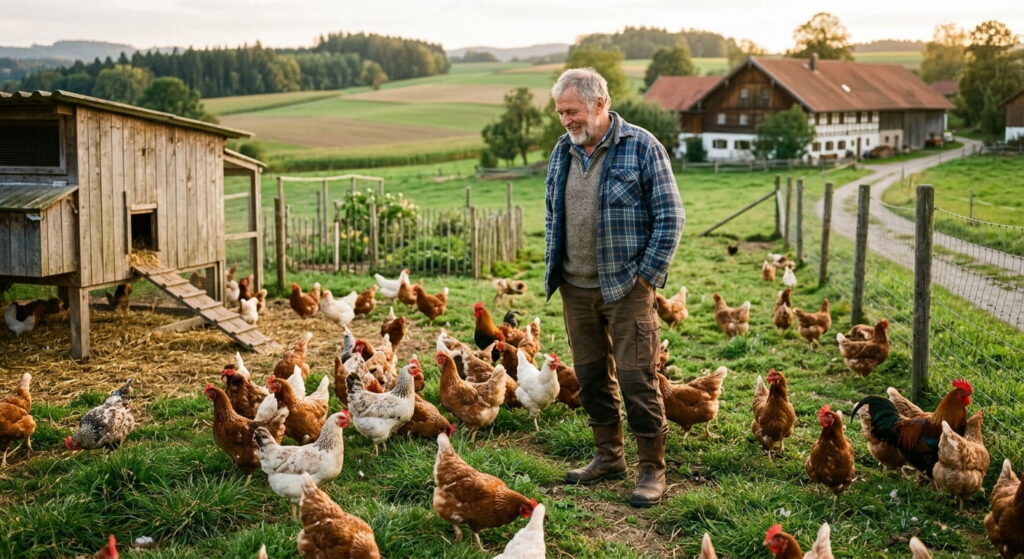 glücklicher Landwirt blickt auf seine Hühner vielfaltschmeckt.de Sidebar 1